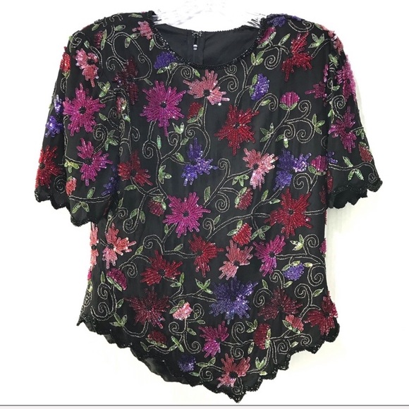 Vintage Bead & Sequined Floral Top M - Picture 2 of 5